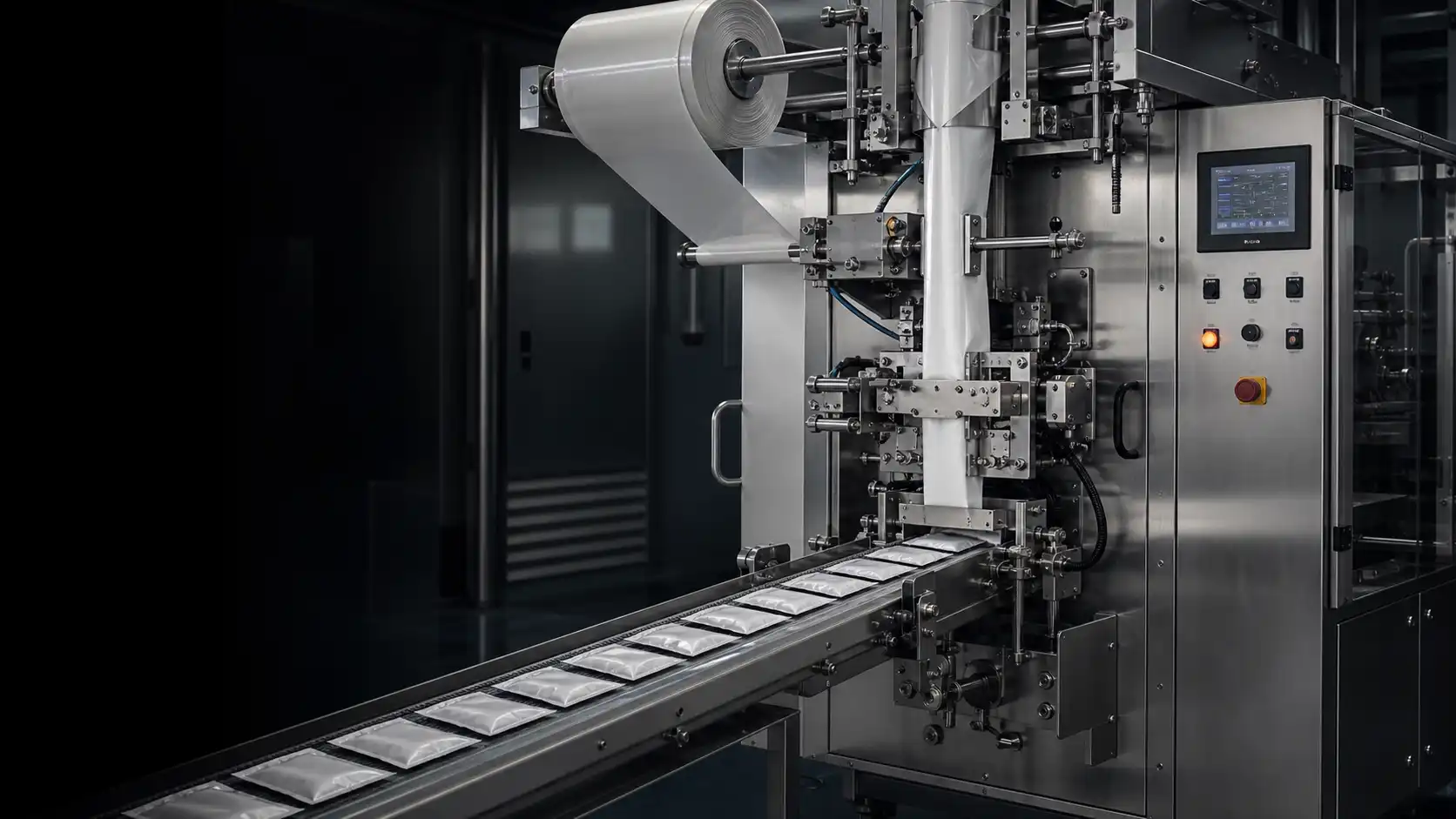 Máquina industrial de envase de sachês em operação