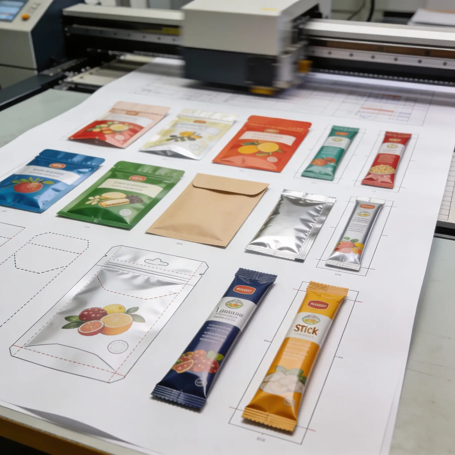 Prova de impressão com sachês, sticks, stand-up pouches e envelopes em produção na Triace